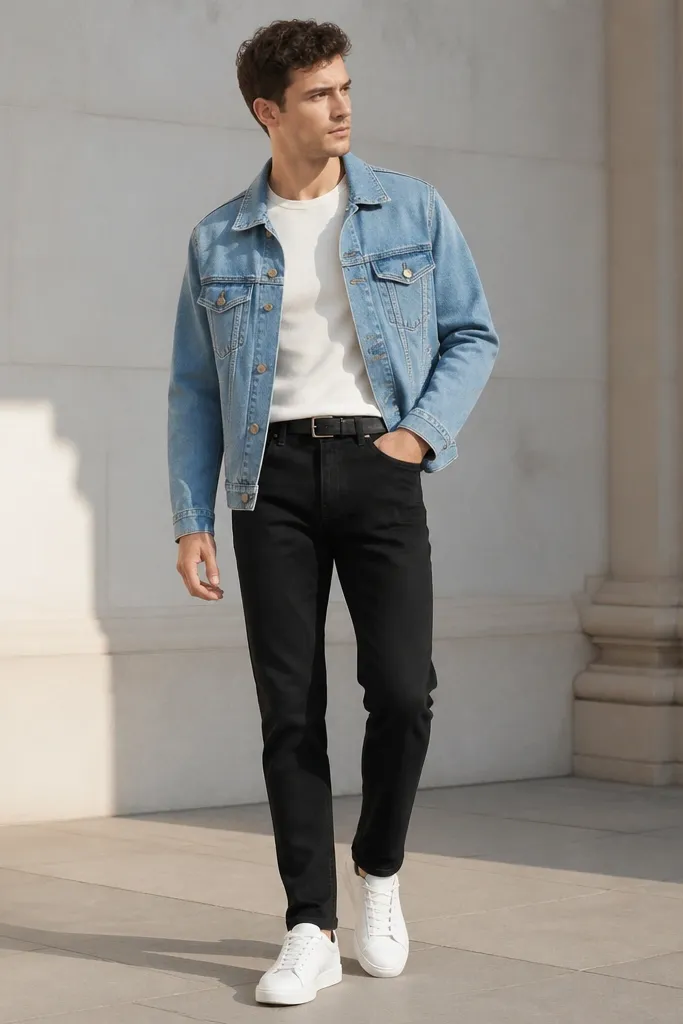 A man in a fitted cream heavyweight T-shirt tucked into black tapered jeans, wearing a light blue denim jacket with visible seams and brass buttons. Clean white low-top sneakers and a simple black belt. The photo shows a tidy neckline and the jacket sitting at mid-hip.