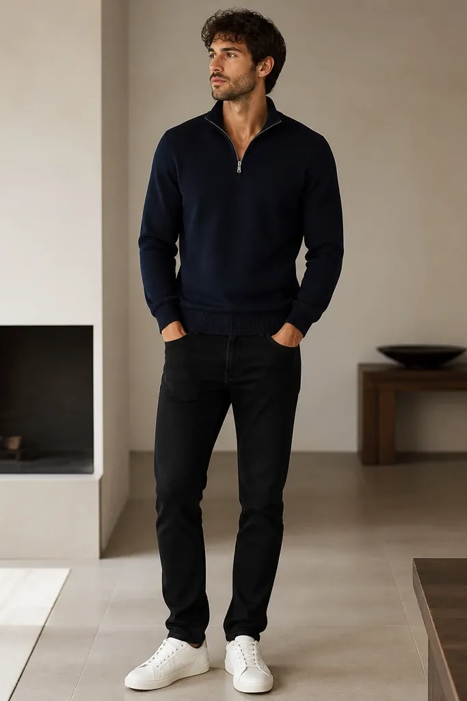 A navy quarter-zip knit sweater worn over black jeans, paired with white sneakers. The collar is half-zipped, showing a clean V opening. The sweater fabric looks thick and smooth, and the jeans have a simple flat front with no heavy distressing.