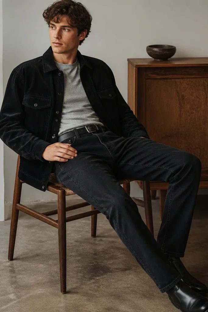 A gray heather T-shirt under a black textured overshirt (looks like brushed cotton or corduroy). The overshirt has a visible collar and chest pockets. Black jeans and black leather loafers or boots appear, with a belt matching the overshirt tones.