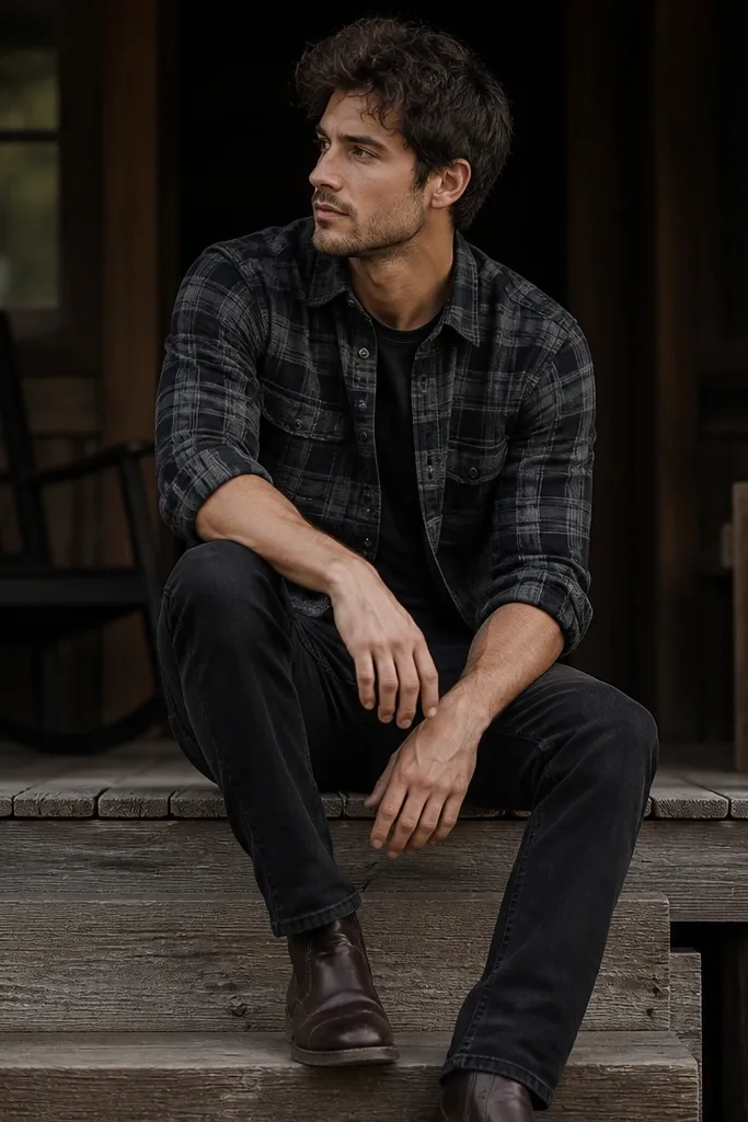 A charcoal and black flannel button-up worn slightly open at the top over a dark tee, paired with black jeans. Dark brown leather boots sit under the hem. The shirt sleeves are rolled to the forearm, and the flannel has visible plaid lines.