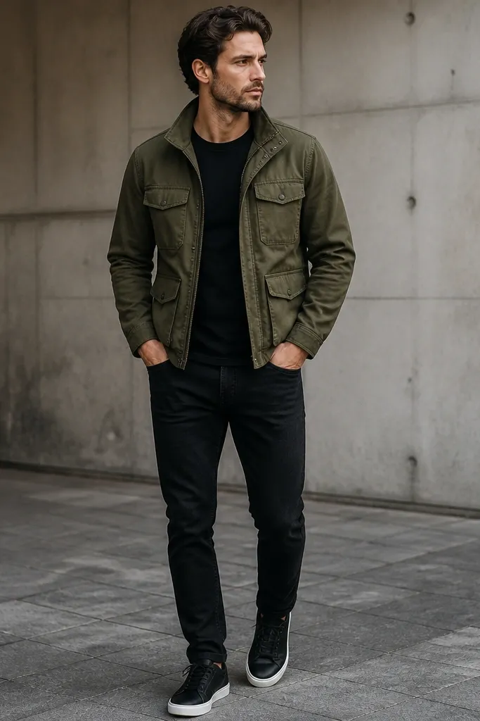 An olive utility jacket with multiple pockets worn over a plain black tee. Black jeans with a straight-to-slim fit. Sneakers have a black base with white soles. The jacket hem sits near the belt line.