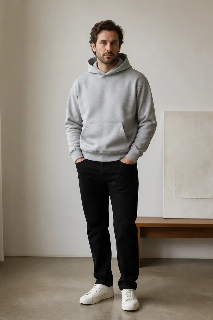 A light gray hoodie worn over black jeans, with a relaxed fit through the torso. The hoodie cuffs sit snug at the wrists. Shoes are minimalist low leather sneakers in off-white or cream. The look is clean and uncluttered.
