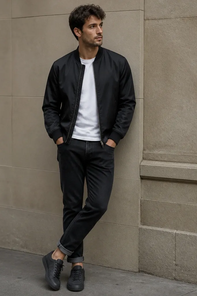 A black bomber jacket with a ribbed collar and cuffs worn over a white crew-neck tee. The black jeans are cuffed once at the ankle. Shoes are black or dark gray sneakers. The bomber has a slight sheen on the fabric and a clean zip front.