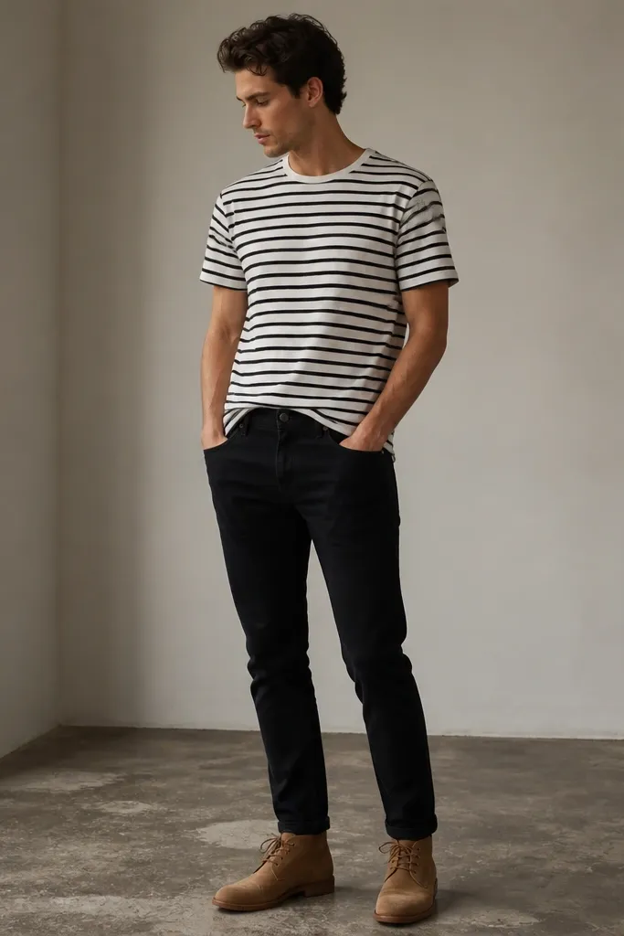 A black-and-white striped crew-neck tee worn with black jeans. Tan suede chukka boots with two or three eyelets. The tee is tucked slightly in the front, and the stripes are crisp and evenly spaced.