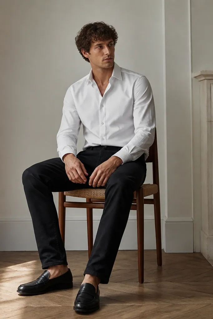 A white oxford button-down shirt worn with black jeans. The shirt is buttoned with the top button open and sleeves down. Black leather loafers complete the outfit. The shirt has a crisp texture and the jeans have a clean, straight leg.