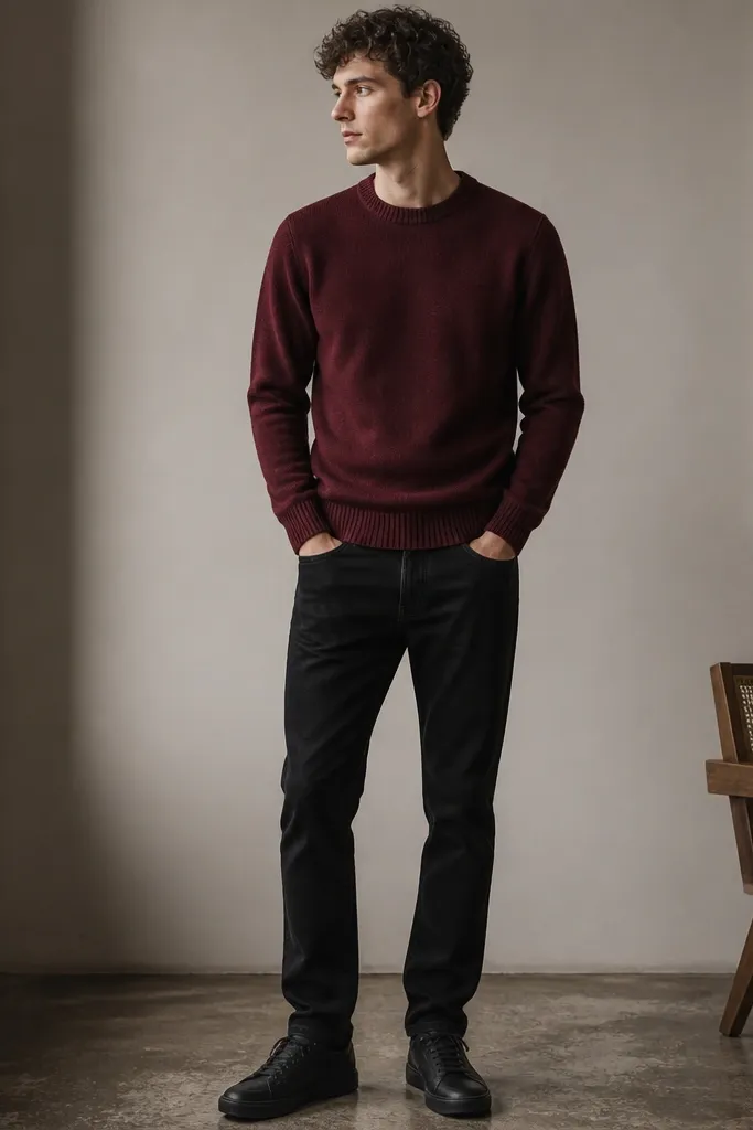A burgundy knit sweater with a crew neck worn over black jeans. The knit looks slightly textured and not shiny. Dark gray or black sneakers finish the look. The sweater hem sits just at the waistband line.