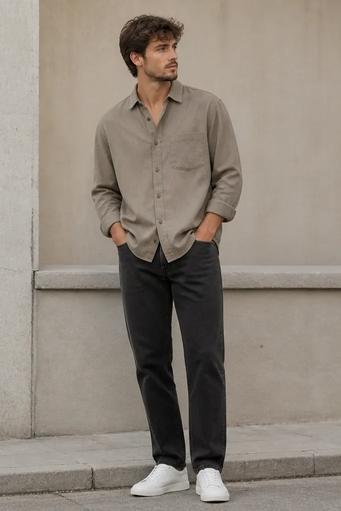 Model wearing washed black straight-leg jeans with a stone/taupe overshirt buttoned to mid-chest, sleeves cuffed slightly, paired with clean white low-top sneakers. Outfit is photographed outdoors with neutral background; no belt visible.