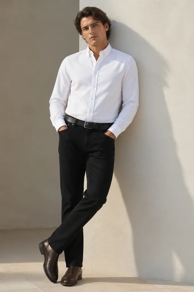 Model in black jeans with a tucked crisp white Oxford button-down, sleeves down, paired with a matte black leather belt and dark brown leather shoes. The photo shows a clean waistline and a slight crease at the shirt hem.