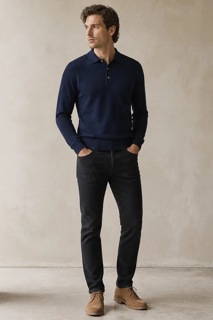 Model wearing black jeans with a navy knit polo shirt (three-button placket), slightly relaxed fit, paired with tan suede desert boots. The camera angle shows the polo hem sitting just above the belt line.