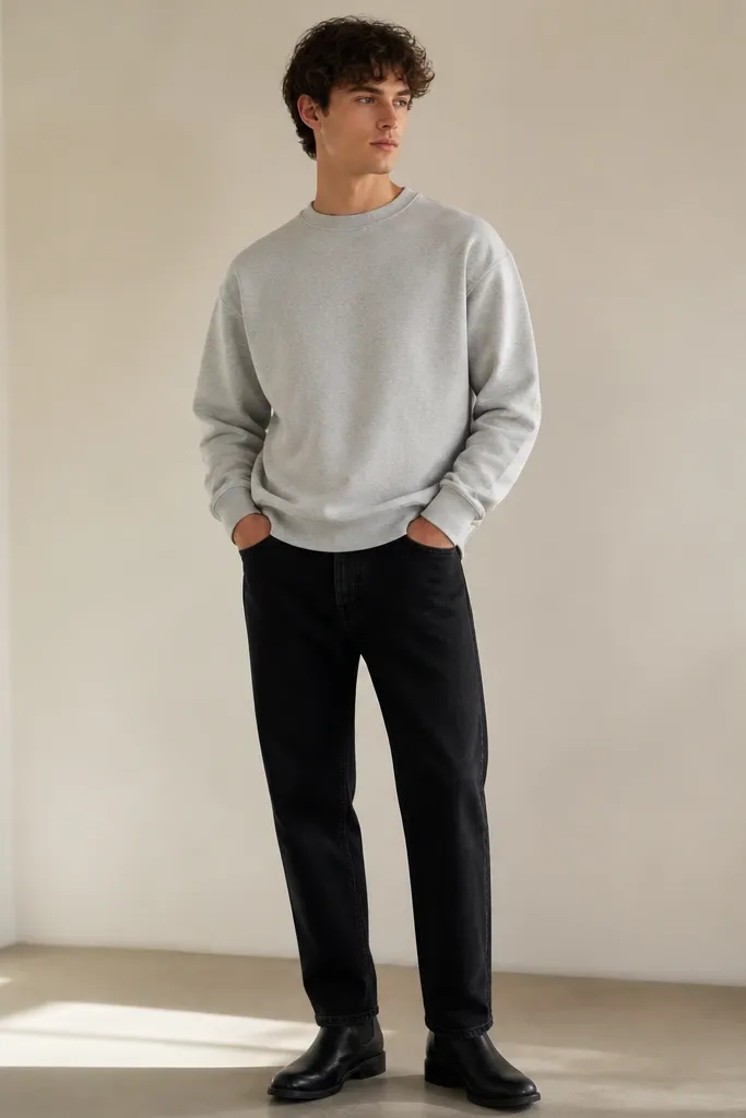 Model wearing light grey crewneck sweatshirt with relaxed fit, black straight-leg jeans, and black Chelsea boots. The sweatshirt hem is slightly covering the jeans waistband.