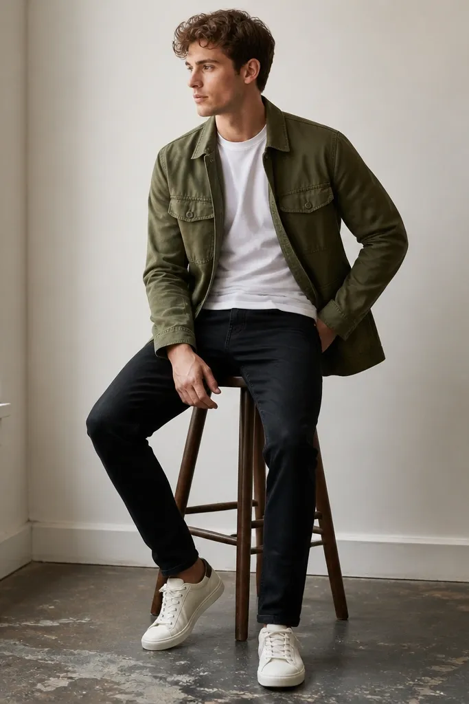 Model wearing black jeans paired with an olive green field jacket (utility pockets visible) over a plain white crew tee, with the jacket slightly unbuttoned. Footwear is off-white sneakers.
