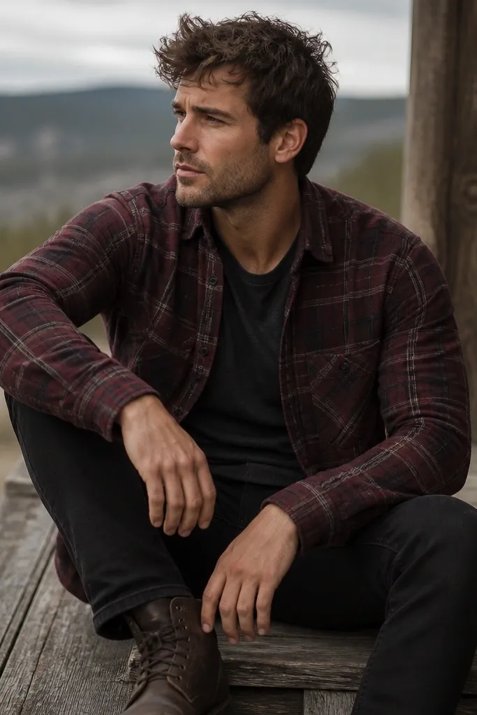 Model wearing burgundy plaid flannel over a dark tee, black jeans, and dark brown lace-up boots. Flannel is partially buttoned with sleeves down; photo shows a relaxed, layered chest.