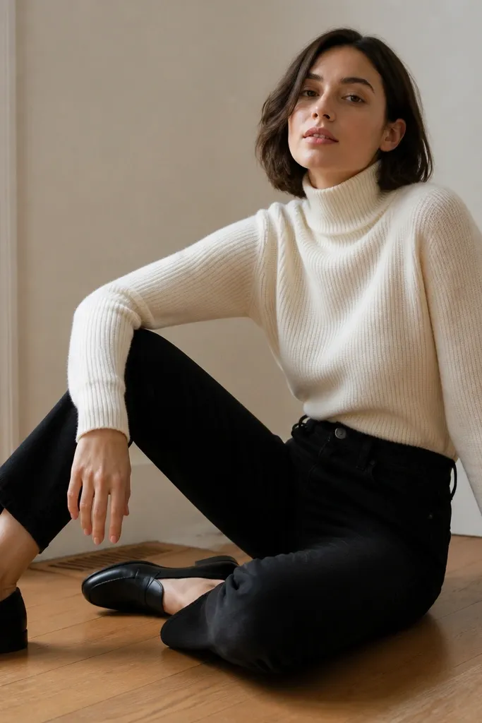 Model wearing a cream knit turtleneck tucked into black jeans, with black leather loafers. The turtleneck is snug around the neck and the sweater knit texture is visible.