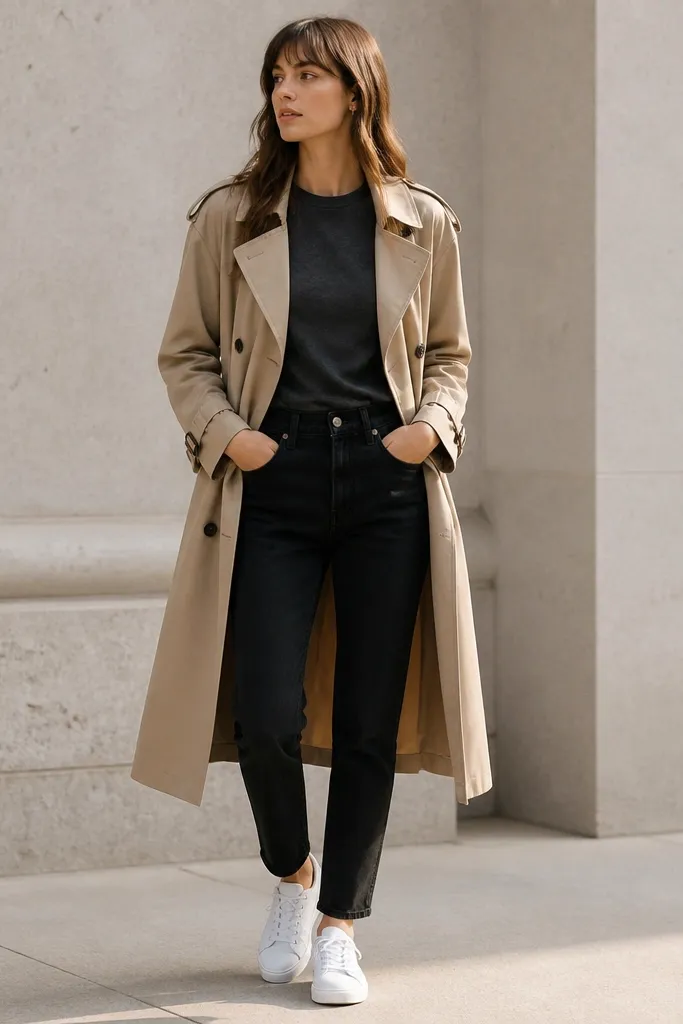 Model wearing black jeans with a heather charcoal t-shirt, layered under a long tan trench coat. White sneakers are visible, and the trench hem reaches mid-calf.