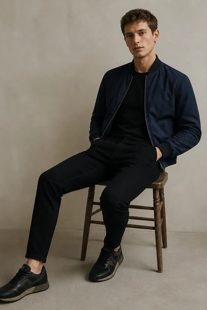 Model wearing black jeans with a navy bomber jacket zipped halfway, paired with black and olive trainers. Shirt underneath is a plain black tee; jacket cuffs are ribbed.