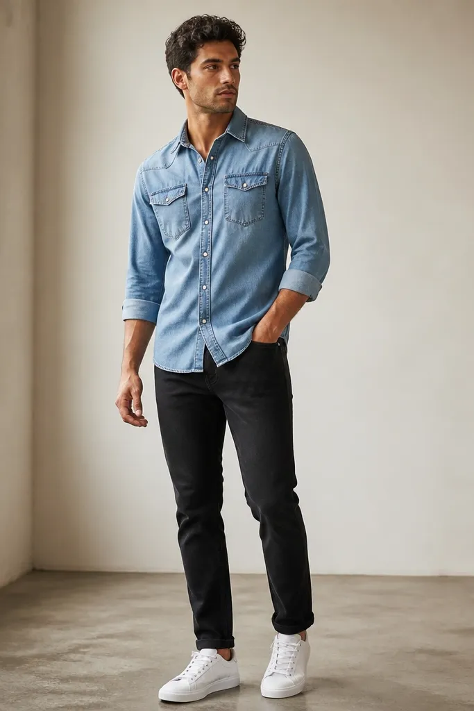 Model wearing black jeans with a light blue denim button-up, sleeves rolled to forearm, plus white sneakers. The shirt is worn untucked with a slightly relaxed hem.