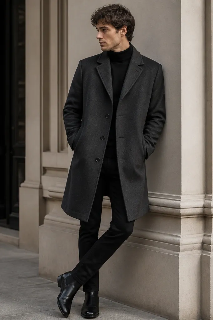 Model wearing a charcoal wool overcoat over a black turtleneck, black jeans, and black leather boots. The coat opens slightly at the chest, and the turtleneck is visible at the neck.