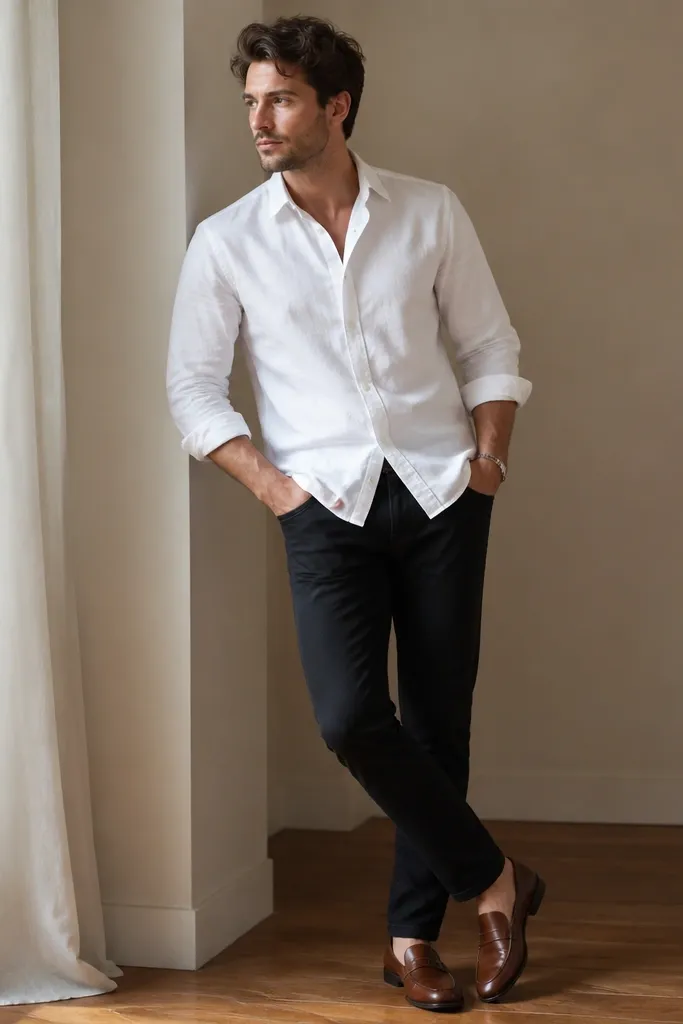 Model wearing a white button-up shirt with sleeves rolled to mid-forearm, black jeans, and brown leather loafers. Shirt is untucked with a casual drape and visible collar.