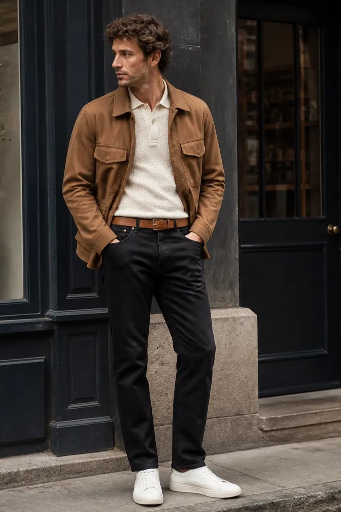 A man stands in front of a street storefront wearing matte black straight-leg jeans. He has a cream knit polo with a ribbed collar and short sleeves, a camel brown field jacket with a slightly worn texture, and clean white low-top sneakers. A tan leather belt matches the jacket tone.