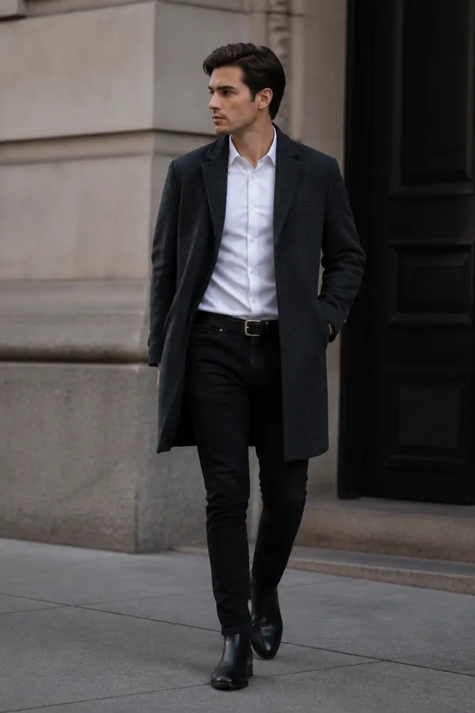 A sharp street look: black jeans with a clean hem, a crisp white oxford button-down tucked in, a charcoal overcoat falling to mid-thigh, and black leather ankle boots. The belt is black leather with a simple buckle, and the collar sits neatly.