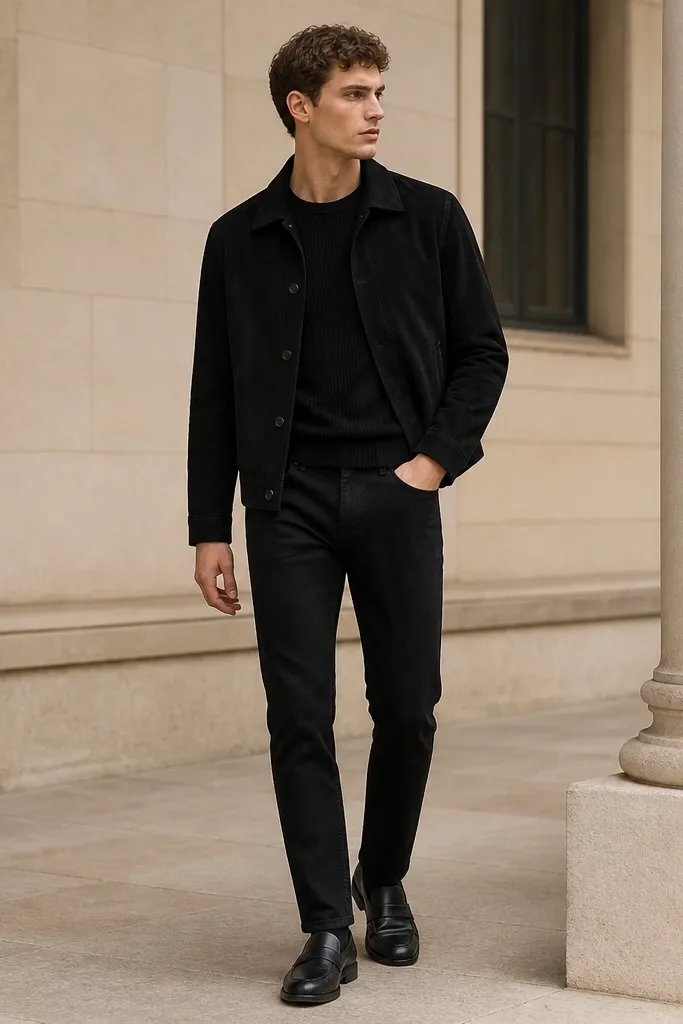 The outfit is monochrome: black jeans with a slight taper, a black ribbed crewneck sweater, and a black suede jacket with a matte finish. The shoes are black leather loafers, and the sweater hem sits neatly at the waistband.