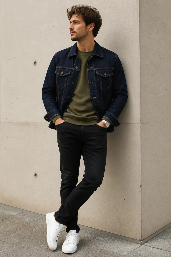 Black jeans paired with an olive crewneck sweatshirt. On top is a dark indigo denim jacket with visible stitching and a slightly structured collar. White sneakers and a simple silver watch complete the look.