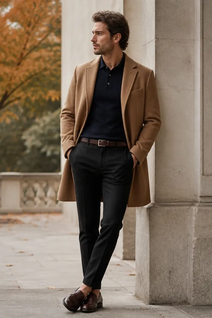 A warm fall outfit: black jeans with a clean hem, a navy knit polo, a tan overcoat with a wool texture, and brown leather loafers. The belt is dark brown and matches the loafers, and the polo collar is neatly folded.