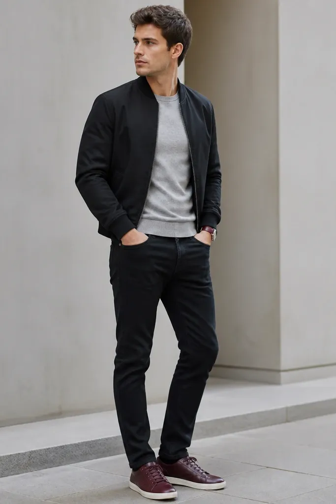 Black jeans with a tapered fit, a light gray merino crewneck, a black bomber jacket with ribbed cuffs, and burgundy leather sneakers. There's a burgundy watch strap or small accent, and the bomber collar sits flat.