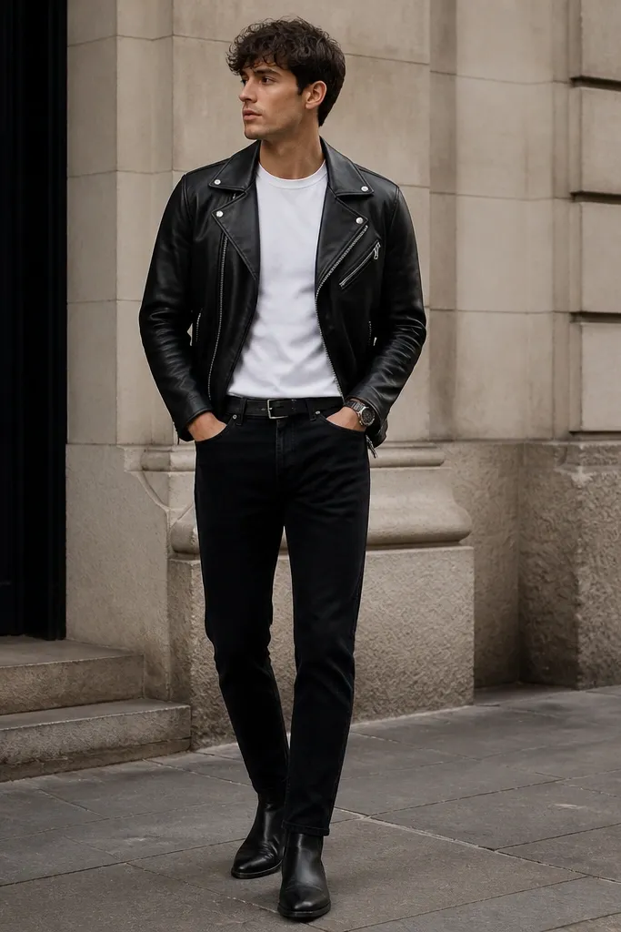 Black jeans with a slight taper. A white T-shirt has a structured collar that holds its shape. Over it is a black leather moto jacket with asymmetrical zip, and the shoes are black Chelsea boots. The belt is black leather and the watch is minimal.