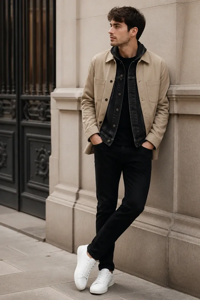 Black jeans paired with a beige overshirt worn open over a darker base layer. A black denim jacket sits underneath, and the shoes are clean white sneakers. The outfit has layered collars and visible stitching on the denim jacket.