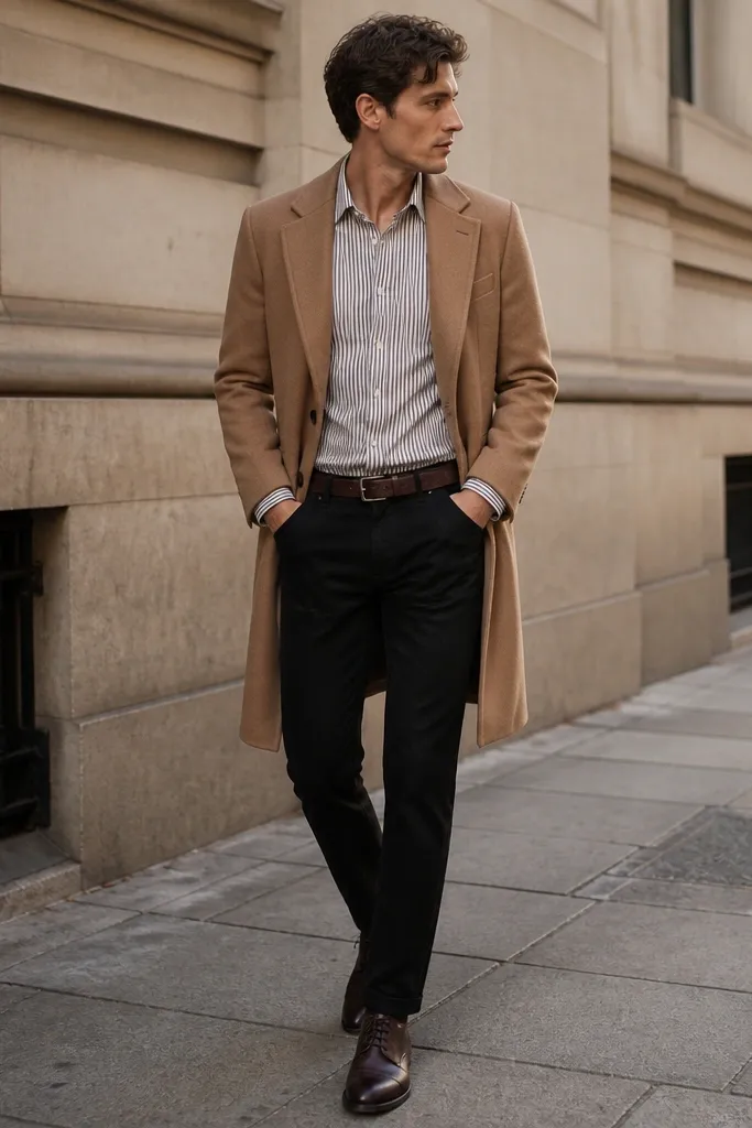 Black jeans with a clean hem, a white-and-navy striped button-down tucked in, a camel overcoat, and dark brown leather shoes. The stripes are narrow and the cuffs are visible at the wrist under the coat sleeves.