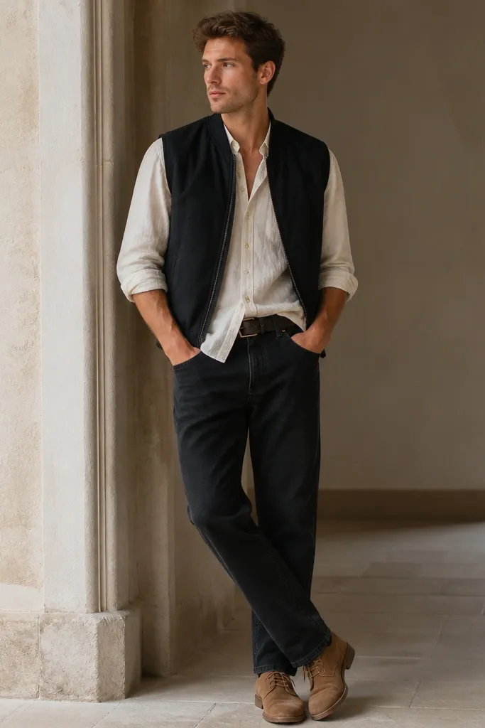 Black jeans with a relaxed straight fit. An off-white linen shirt is worn half-tucked, sleeves rolled to mid-forearm. A short black bomber-style vest sits on top, and the shoes are tan suede lace-ups.