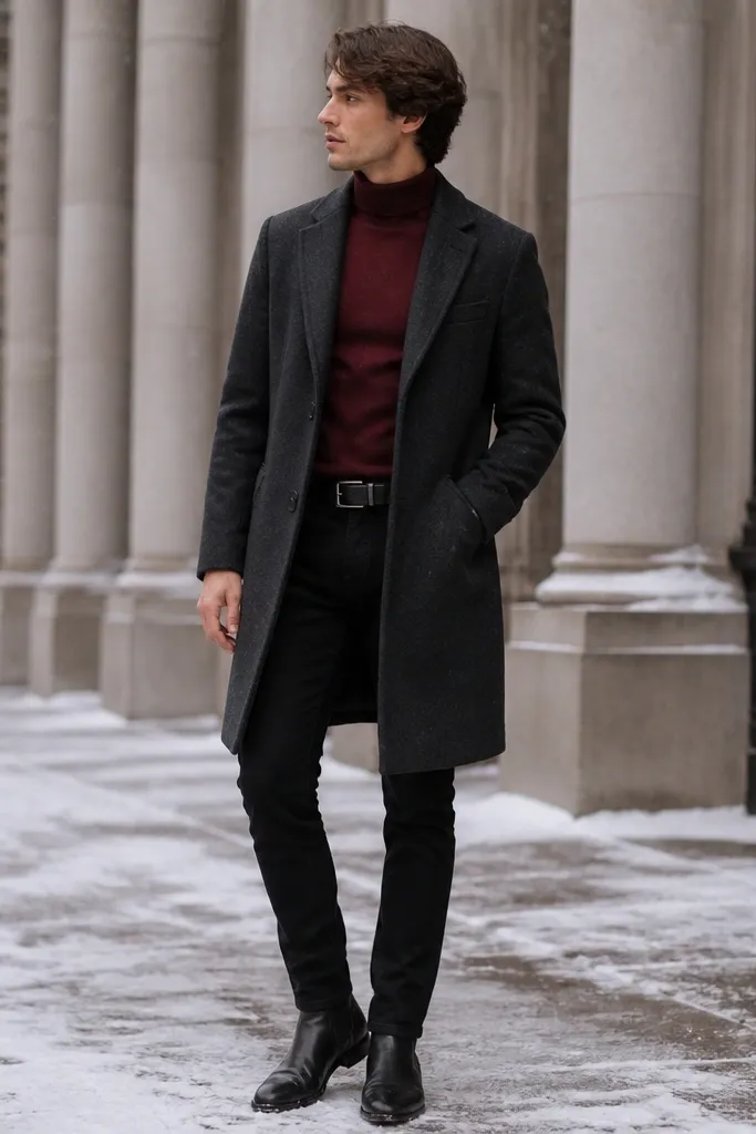 A winter-ready outfit: black jeans, a burgundy knit turtleneck, and a charcoal overcoat with a wool texture. The shoes are black leather boots, and the belt is black. The turtleneck is snug but not stretched.