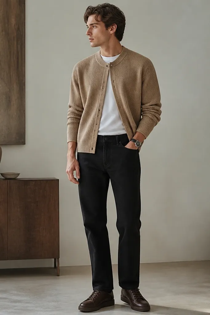 Black jeans with a straight fit, a white crew tee, and a tan cardigan buttoned at the top. The cardigan has visible knit texture and a clean hem. Shoes are dark brown leather sneakers or low derbies, with a minimal watch on the wrist.
