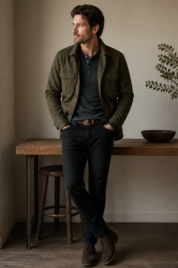 Black jeans paired with a charcoal henley shirt. Over it is an olive chore jacket with a sturdy collar and visible pockets. The shoes are dark brown suede desert boots, and the belt is dark brown. The henley has two to three buttons visible.