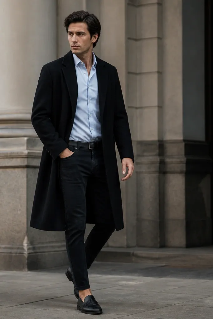 A polished smart-casual look: black jeans, a light blue dress shirt tucked in, a long black overcoat reaching near the knee, and black loafers. The shirt collar is crisp, and the outfit has a clean belt line with minimal accessories.
