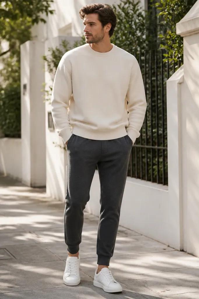 A model wearing dark grey tapered sweatpants with a cream thick-crew sweatshirt, paired with clean white low-top sneakers. The outfit is photographed outdoors on a sidewalk with bright natural light; the sweatpants cuff sits just above the shoe.