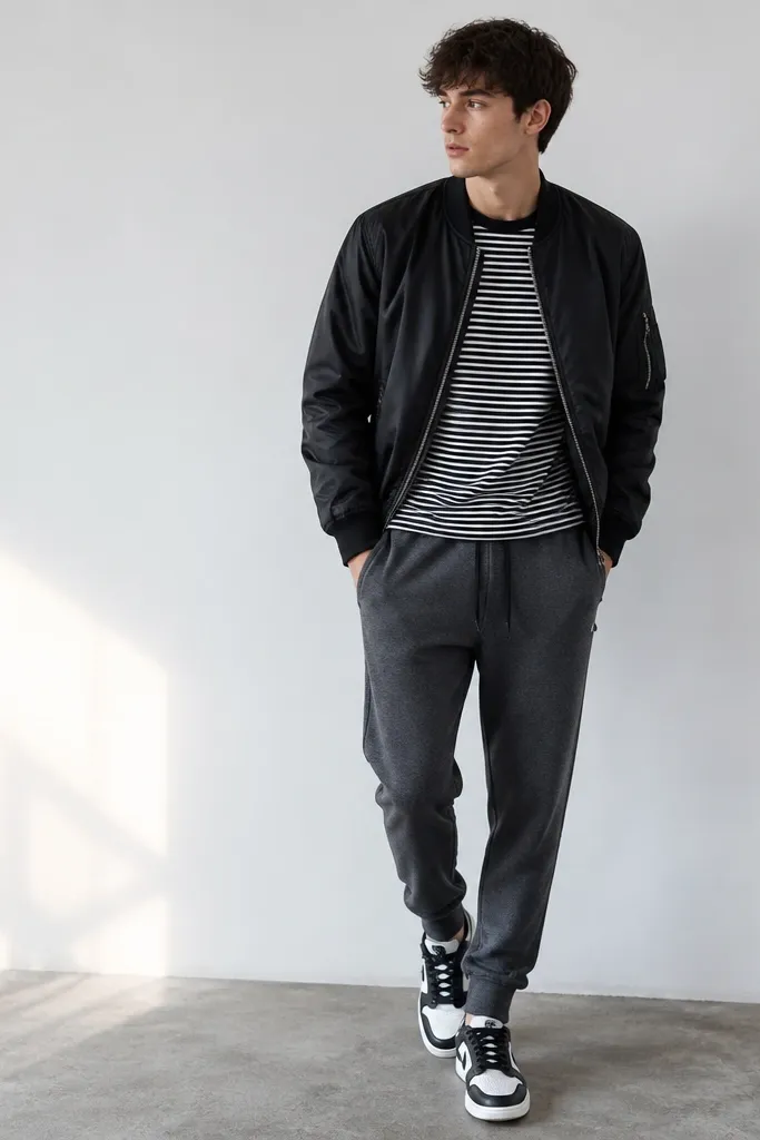 Dark grey sweatpants with a black bomber jacket worn open over a black-and-white striped T-shirt. The model wears black-and-white sneakers; the bomber has a shiny nylon finish and ribbed cuffs.