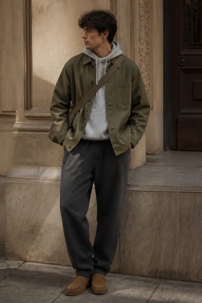 Dark grey sweatpants paired with a heather grey hoodie under an olive chore jacket. The model wears tan suede boots and a crossbody bag; the jacket has visible buttons and a boxy fit.