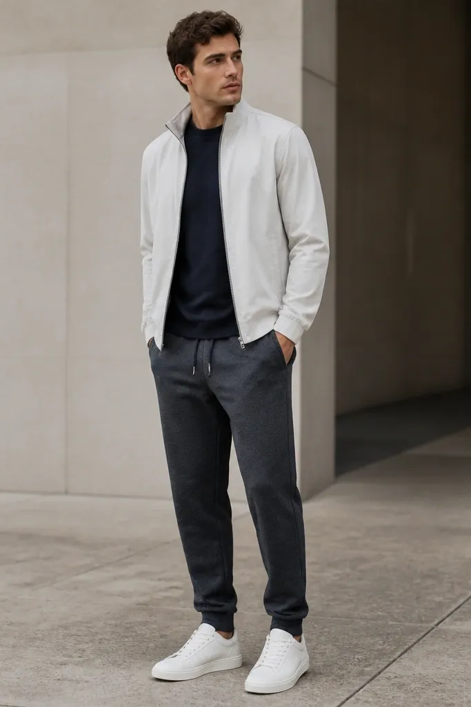 Dark grey sweatpants with a navy crewneck sweatshirt and a white lightweight shell jacket worn over it. The model wears white sneakers and the shell jacket has a matte finish and a visible zipper.