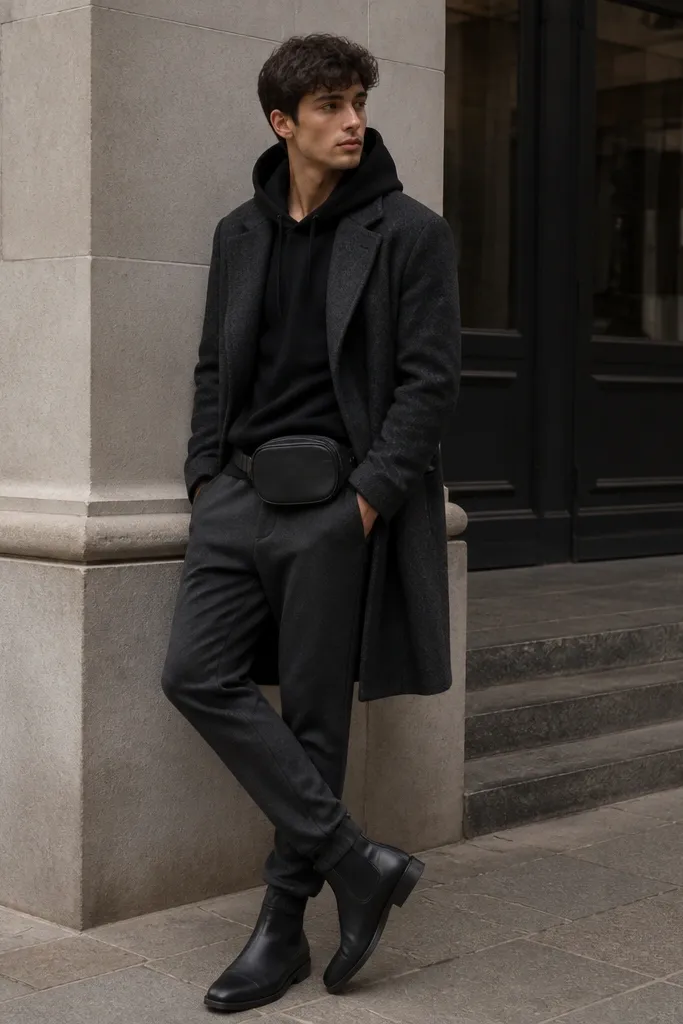 Dark grey sweatpants styled with a black hoodie and a charcoal overcoat with a wool-look texture. The model wears black Chelsea boots and a simple leather belt bag.