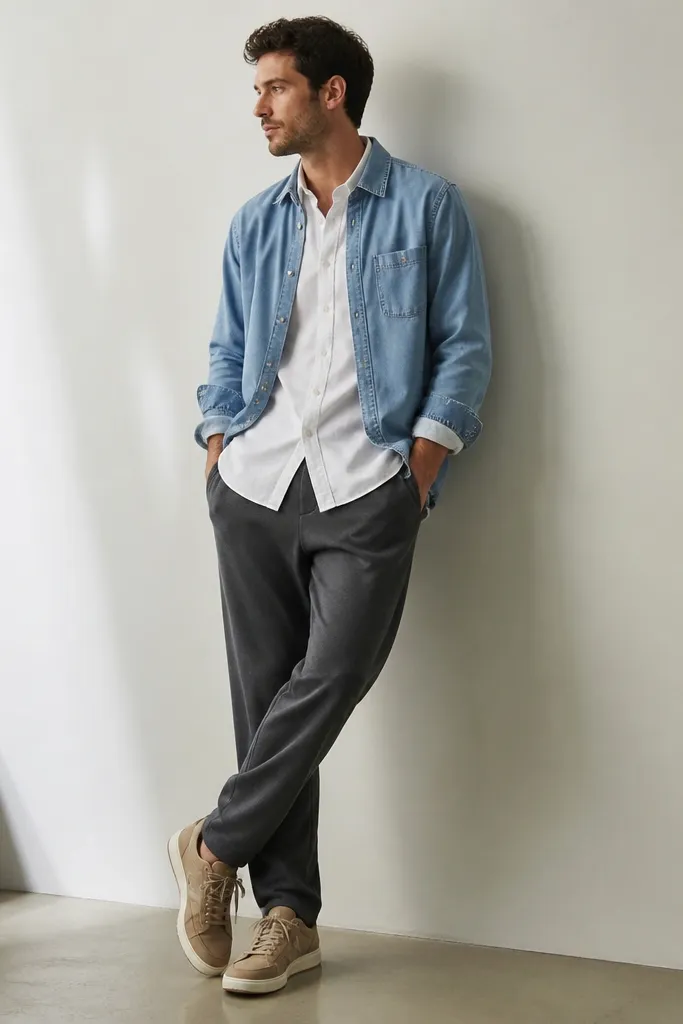 Dark grey sweatpants with a crisp white Oxford button-down worn untucked, plus a relaxed overshirt in light blue denim. The model wears tan sneakers and the sleeves are rolled once.