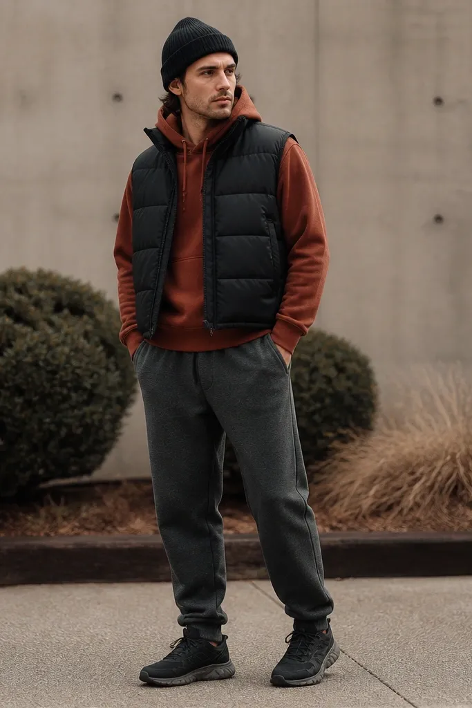 Dark grey sweatpants with a rust-colored hoodie layered under a black puffer vest. The model wears black sneakers and a dark beanie; the vest has a quilted pattern and high collar.