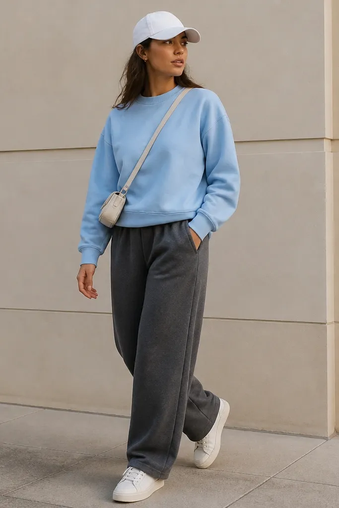 Dark grey sweatpants with a light blue sweatshirt and a white baseball cap. The model wears white sneakers and a small crossbody bag; the sweatshirt has a crew neck and ribbed cuffs.