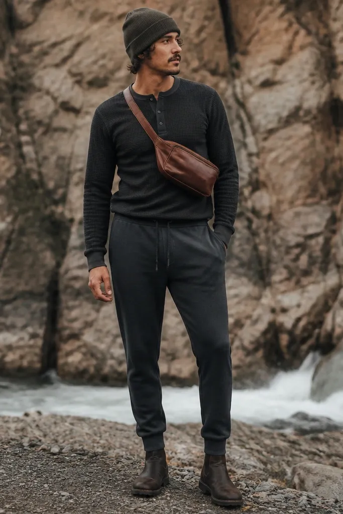 Dark grey sweatpants with a charcoal thermal henley (buttons at the collar) and a brown leather belt bag worn across the chest. The model wears dark brown boots and a simple knit beanie.