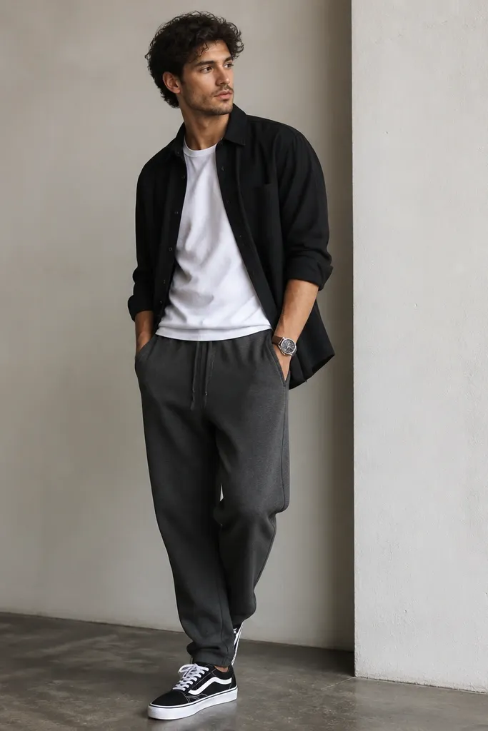 Dark grey sweatpants with a plain white T-shirt and a black overshirt worn open, sleeves rolled once. The model wears black-and-white sneakers and has a casual wristwatch.