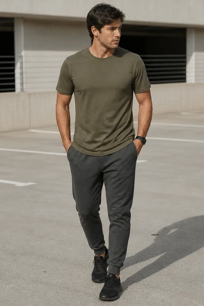 Dark grey sweatpants paired with an olive green T-shirt. The model wears sleek black running-style sneakers and a black watch; the outfit is photographed in a parking lot with soft shadows.