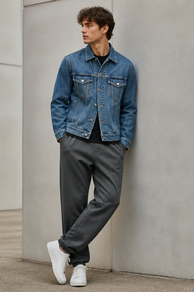 Dark grey sweatpants with a black graphic T-shirt and a medium-wash denim jacket. The model wears white sneakers and the denim jacket is buttoned, with the collar visible.
