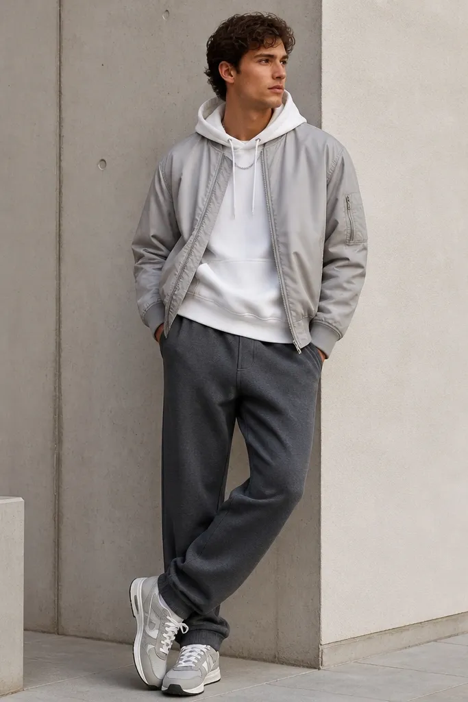 Dark grey sweatpants with a white hoodie and a light grey bomber jacket worn open. The model wears grey-and-white sneakers and a simple chain necklace.