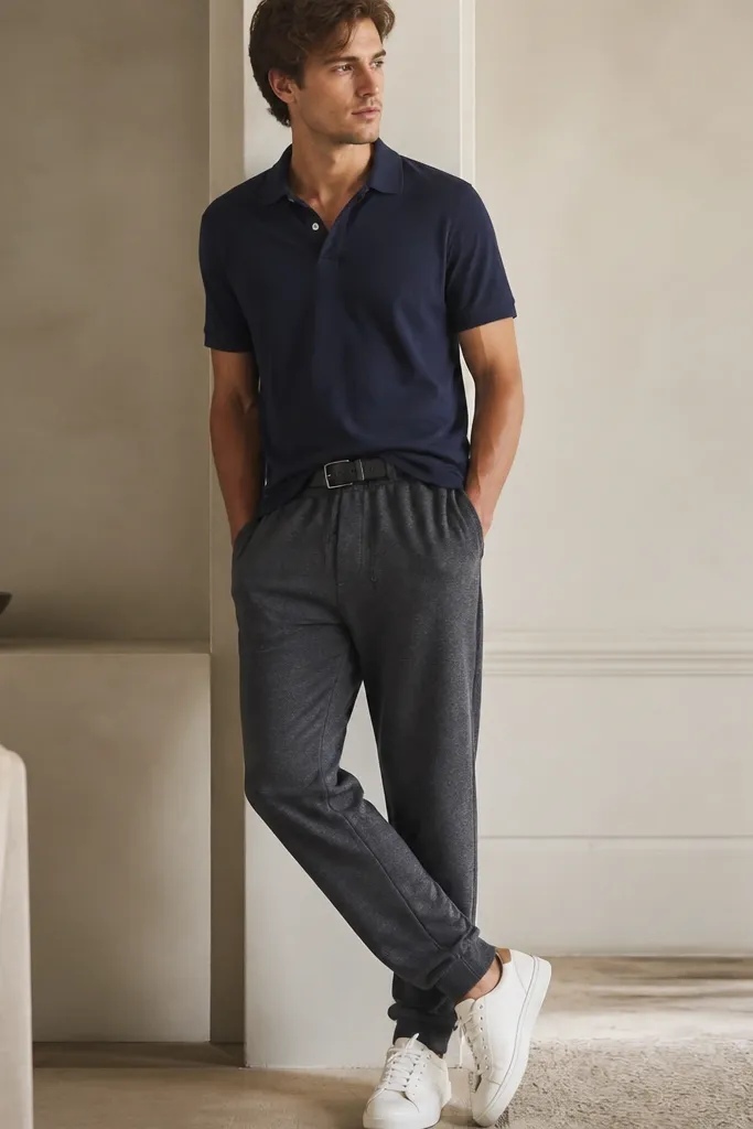 Dark grey sweatpants styled with a navy pique polo shirt and white sneakers. The polo is slightly untucked, collar open, and the model wears a simple belt with no visible logos.